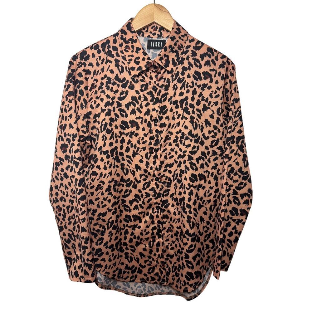 Ivory Top Women Size L Leopard Brown Black Button Up Career Modest Closet Staple